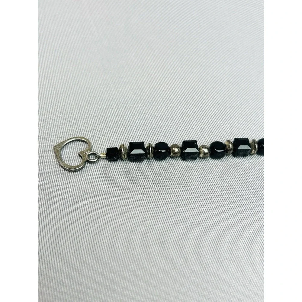 Sterling Silver Black Beaded Bracelet‎ With Heart Clasp READ